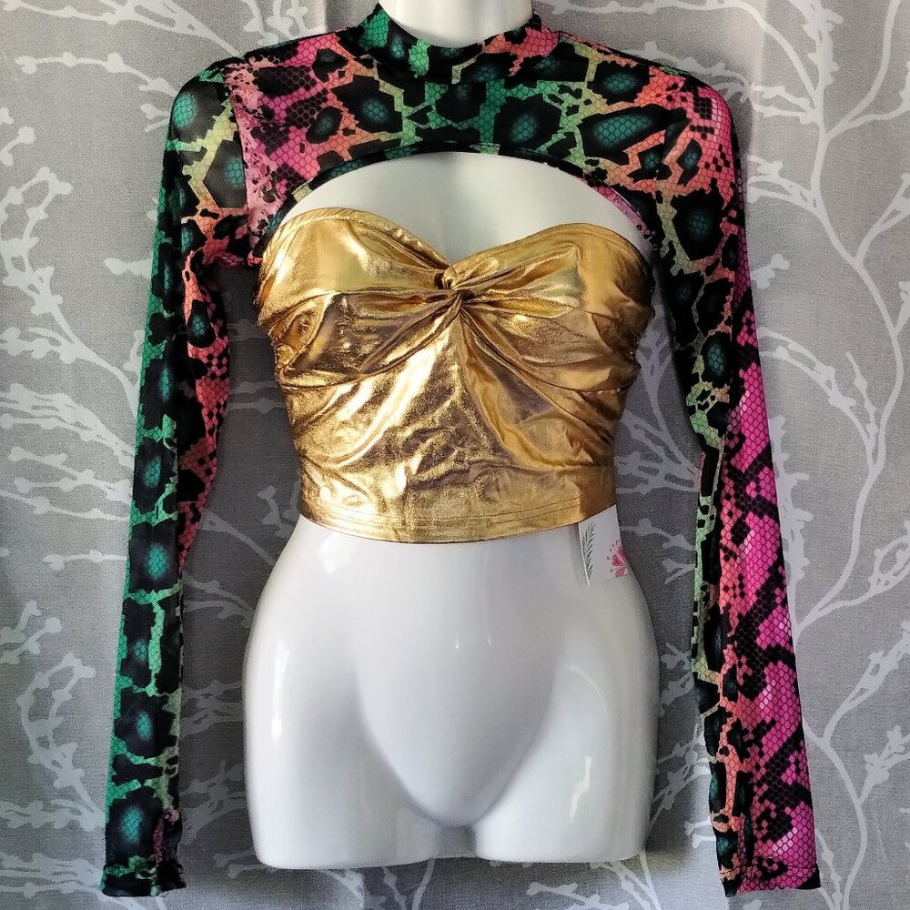 Makemechic (S) Metallic Gold Top and Snakeskin Print Sheer Shrug Set
